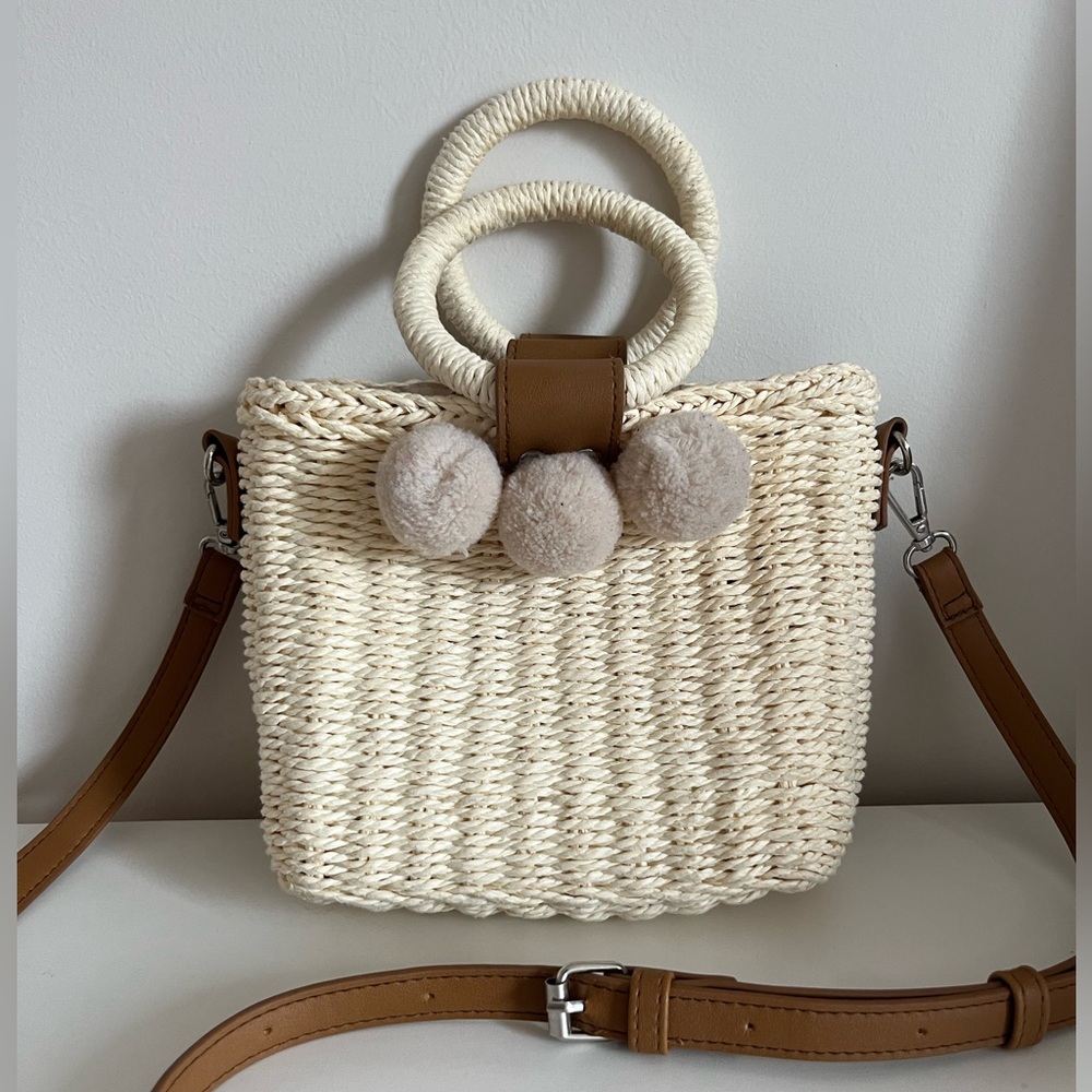 Mini Woven Cream Straw Tote with Brown Trim and Pom Details
